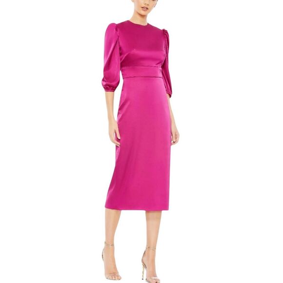 NWT Ieena For MAC DUGGAL High Neck Lined Magenta 3/4 Sleeve Midi Dress Women's 6 - Picture 1 of 14